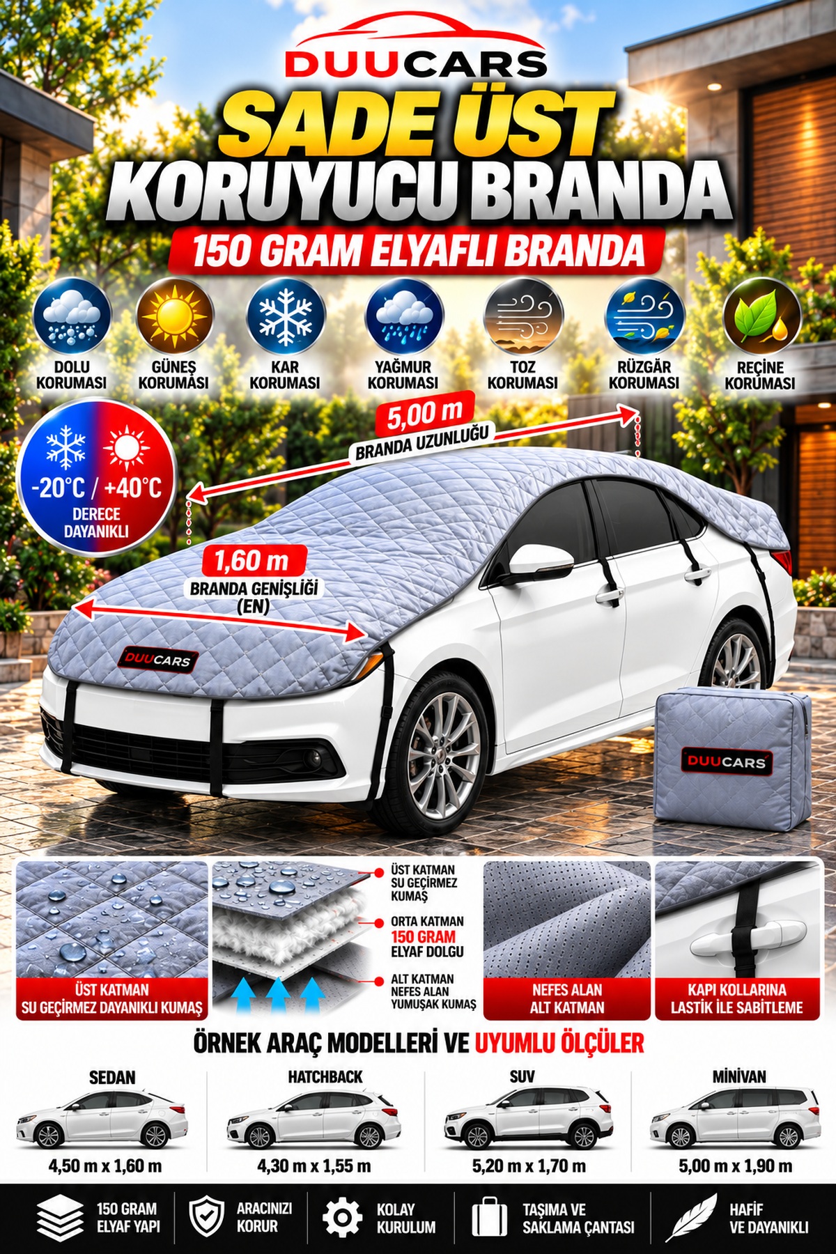 Sade Üst 150 GR Elyaf Dolgulu Dolu ve Güneş Koruyucu Branda | DUUCARS - Görsel 3
